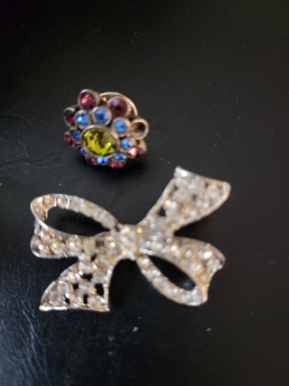 Silver Tone Crystal Bow Brooch with Multicolor Gem Pin